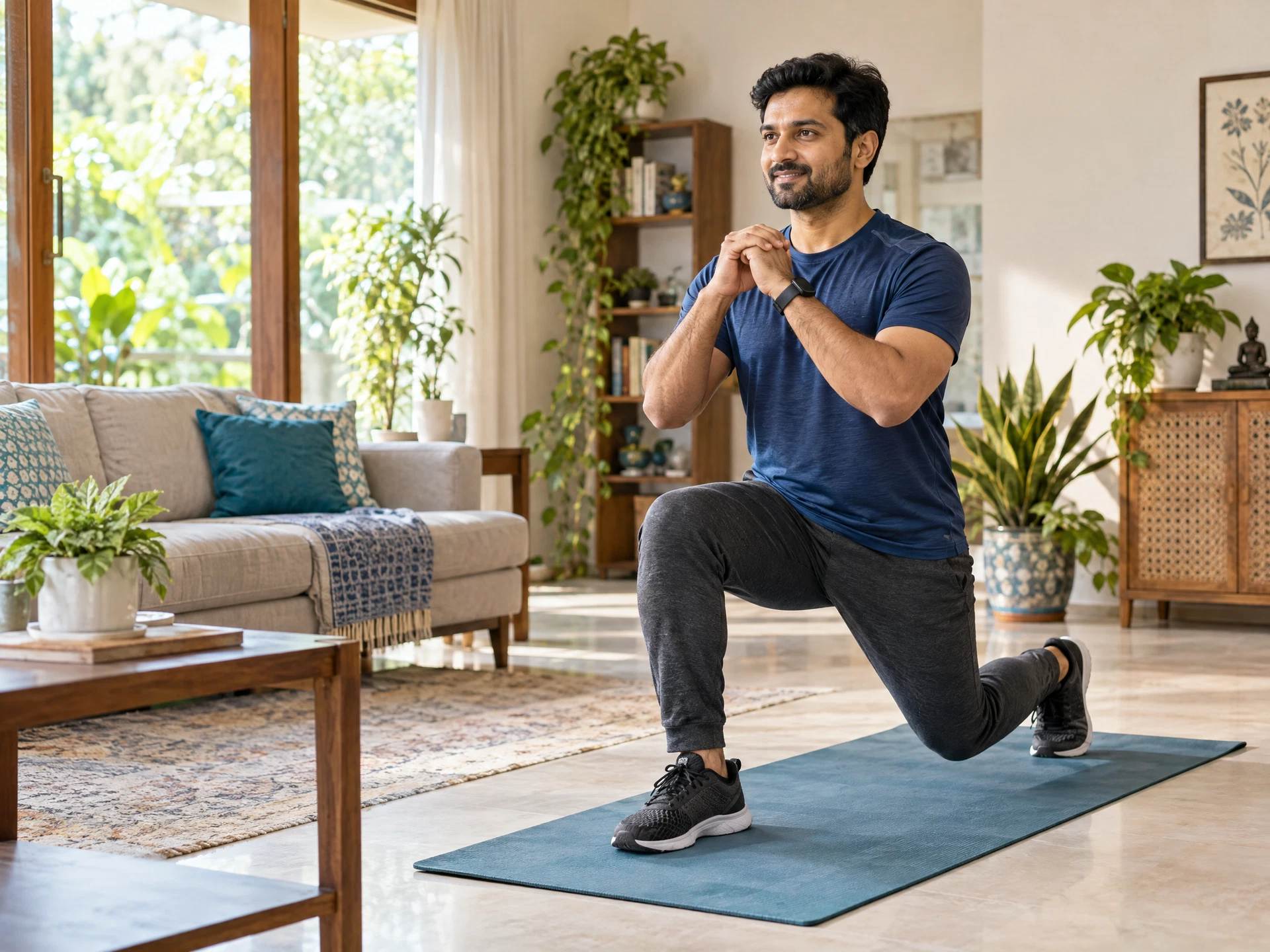 A South Asian man practicing a beginner-friendly bodyweight lunge in a bright living room
