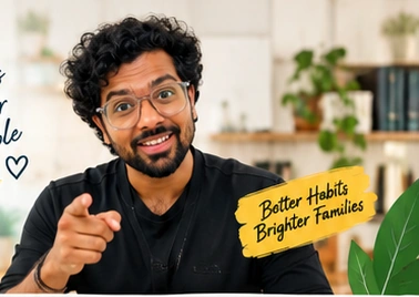 A smiling Telugu wellness host shares healthy living tips with his family
