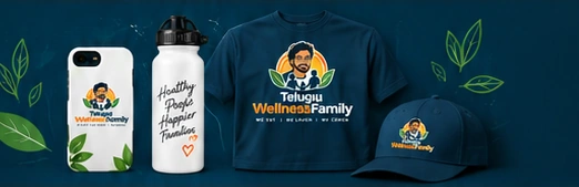 Telugu Wellness Family T-shirt, bottle, phone case and cap merchandise