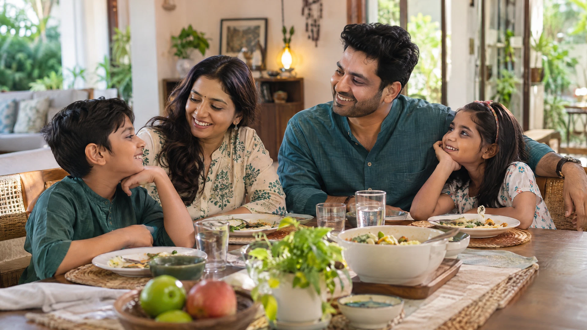 A South Asian family of four sharing a meal together at home